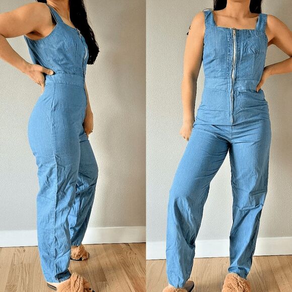 vtg 90s light blue cotton overalls onepiece zip‎ up summer romper boho small - Picture 1 of 9